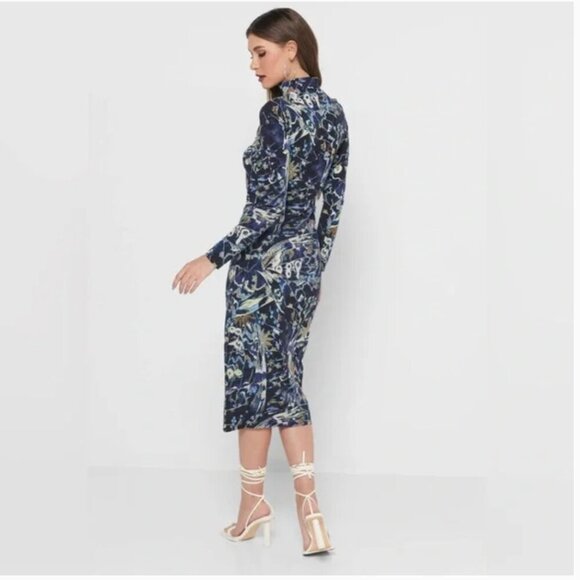 Ted Baker Dress Choliee Bodycon Midi High Neck Long Sleeve Floral Blue 3 Medium - Picture 5 of 11